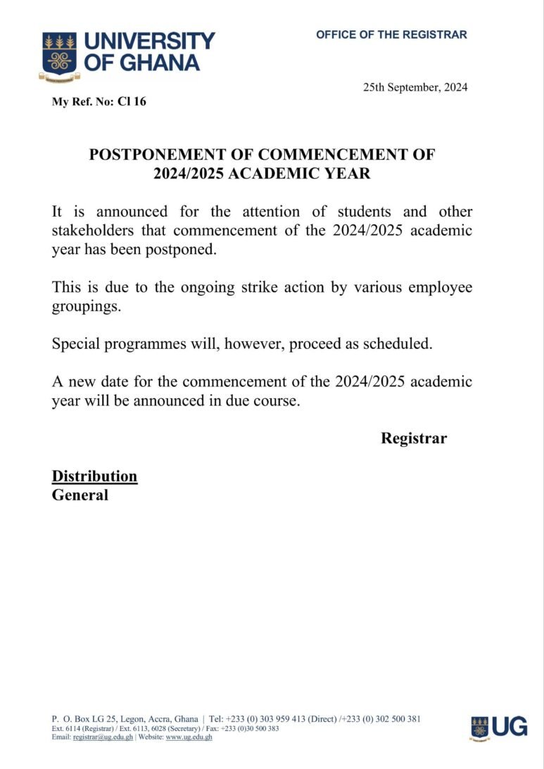 University of Ghana Statement Release on Postponement Among other universities 