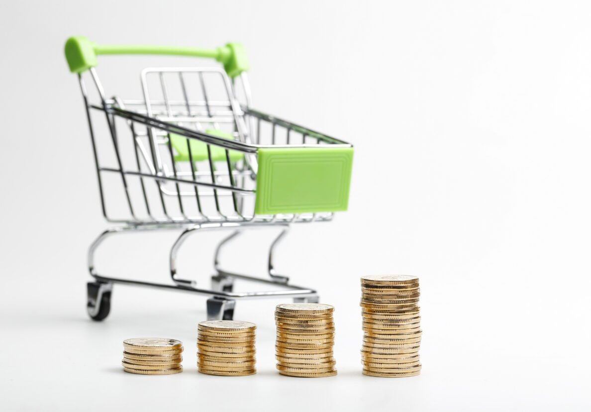 coins pile shopping cart white background