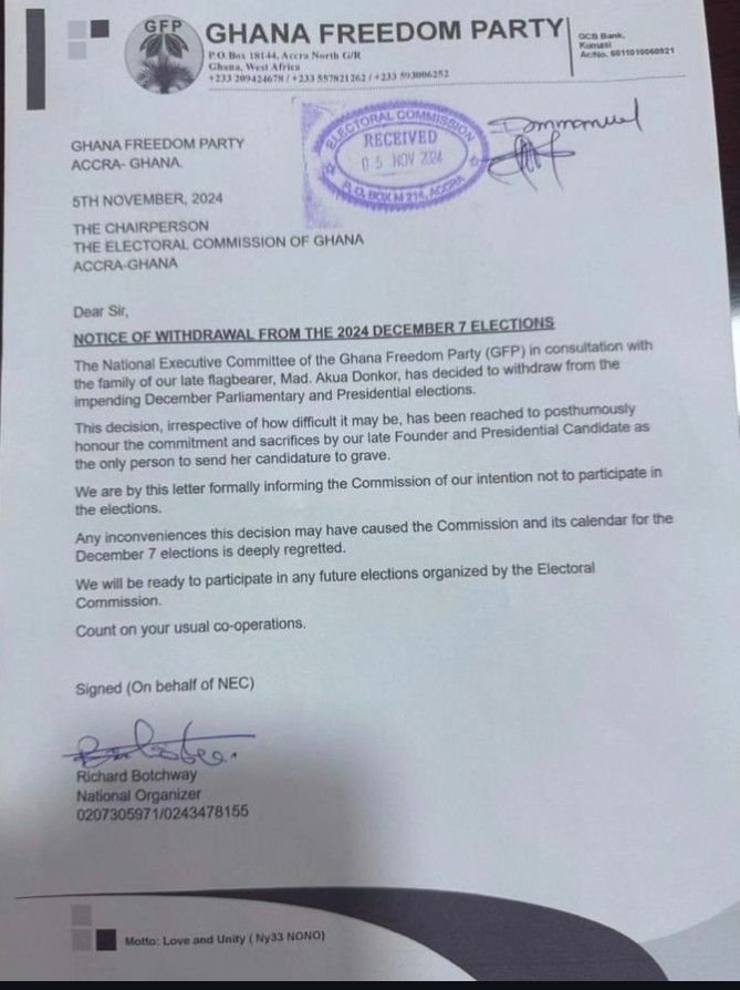 Ghana Freedom Party Letter to the EC